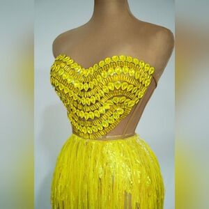Iridescent Yellow Lime Gold Dress with Rhinestone Bustier Prom Wedding Birthday